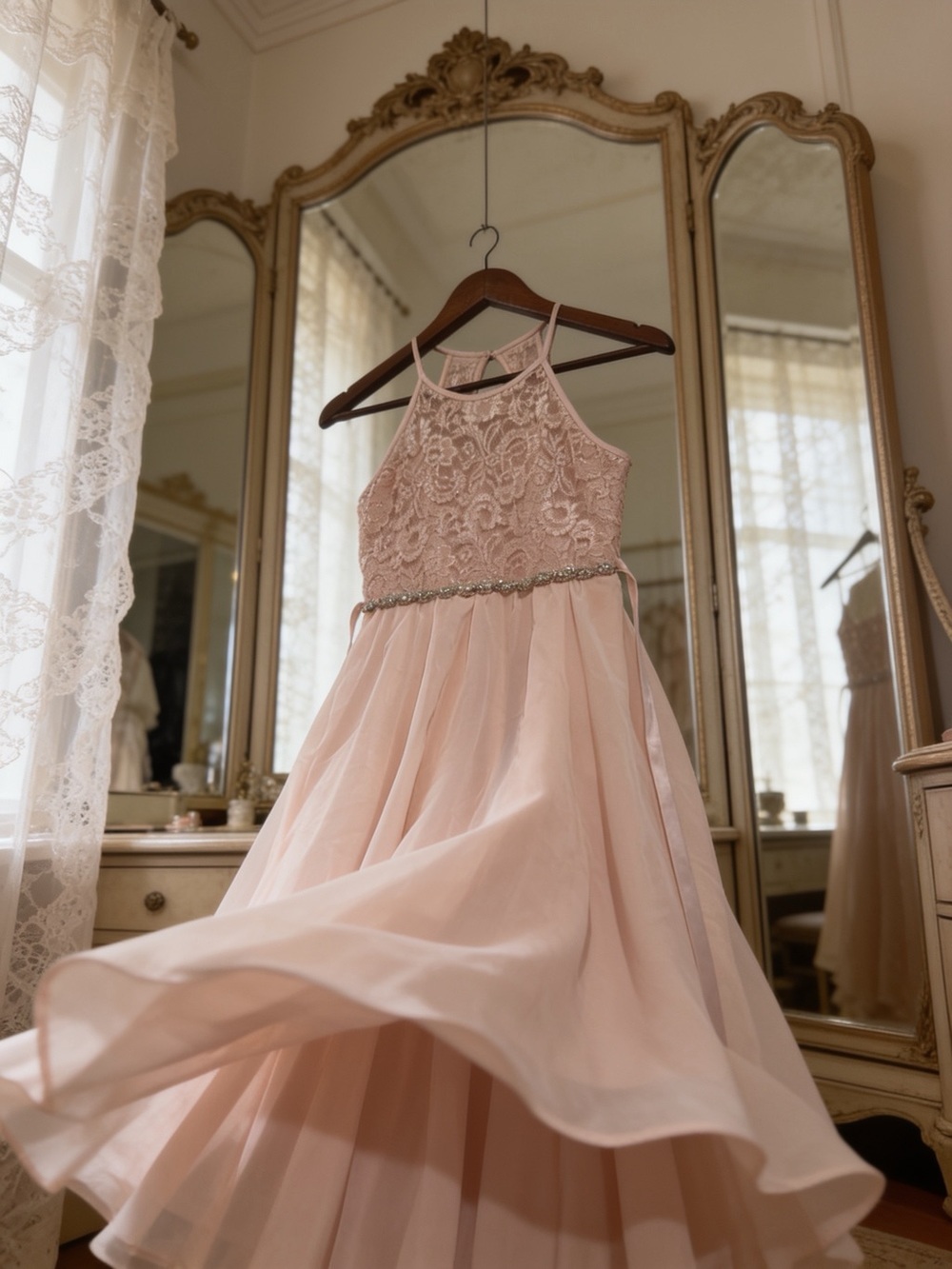 Rare Editions Blush Lace Halter Dress with Jeweled Waistband